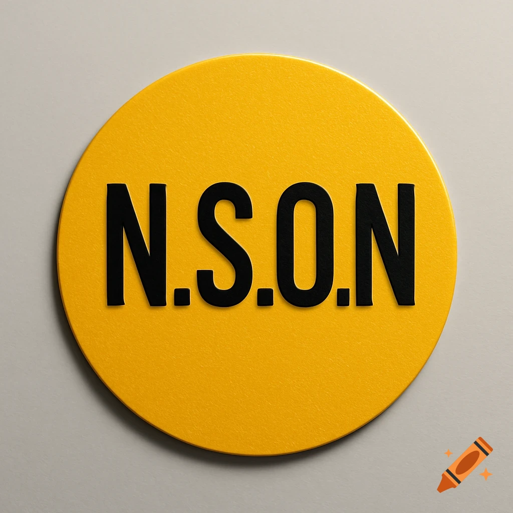 A yellow round sticker with the black letters 'N.S.O.N' on it.
