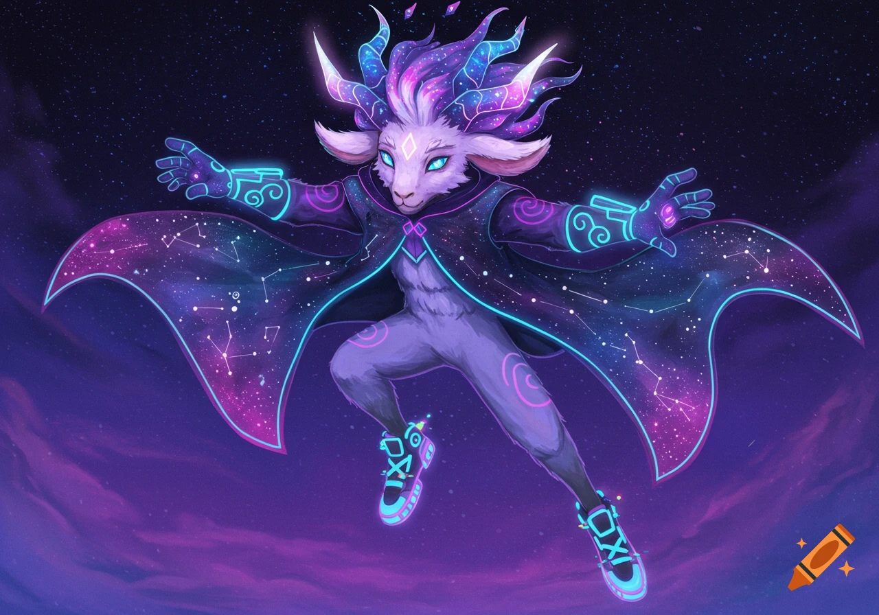 A cosmic goat-like creature with glowing horns and eyes, wearing a starry cape and neon shoes, against a purple starry sky.