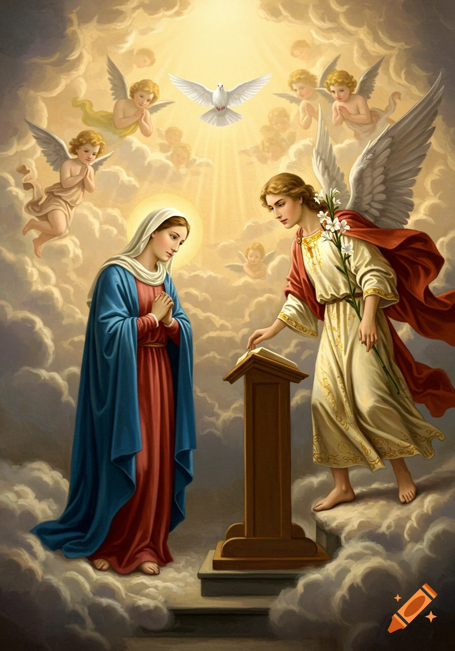 Painting of the Annunciation, with Mary and Archangel Gabriel surrounded by clouds, angels, and a dove.