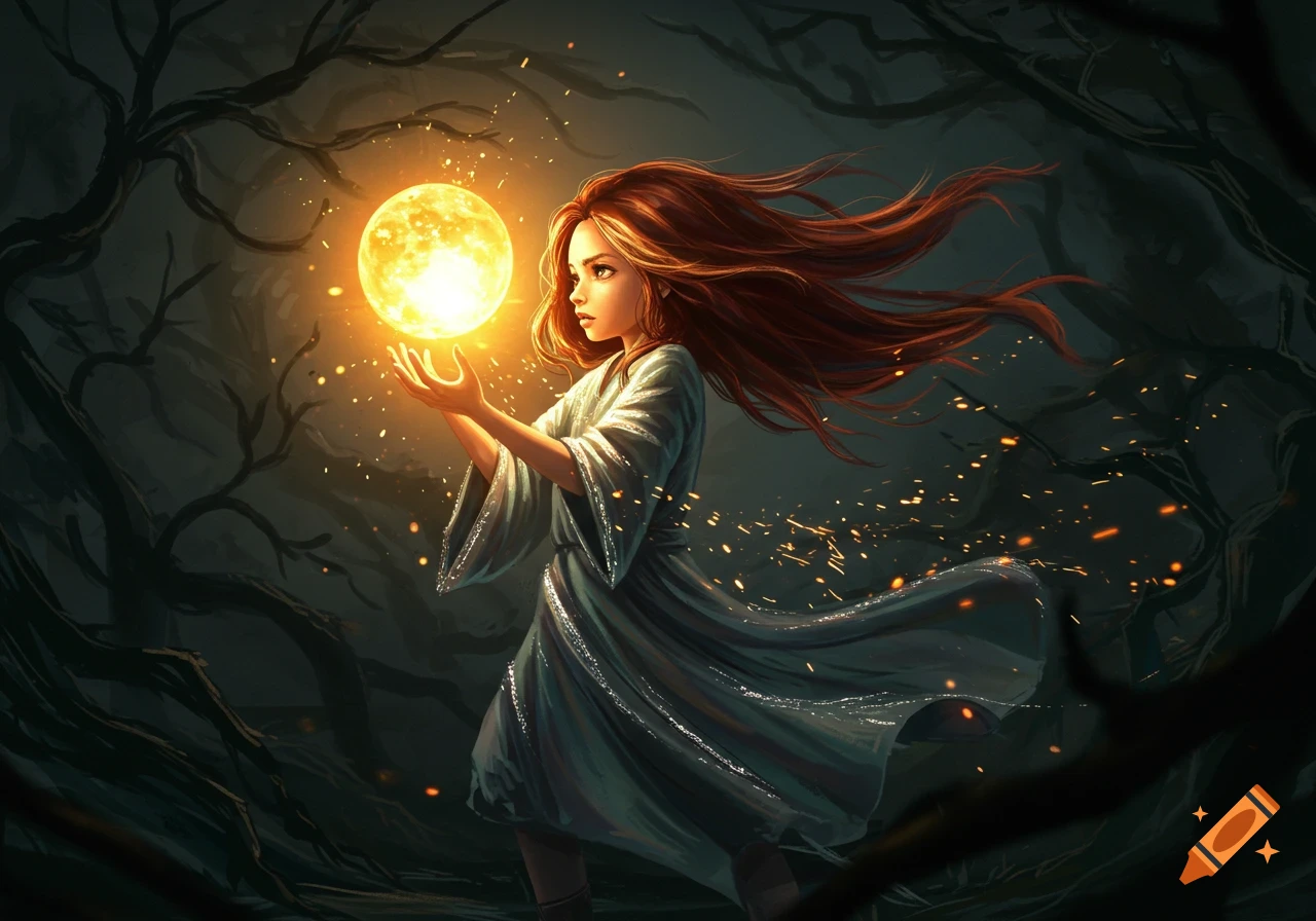 A girl with flowing red hair holds a bright, glowing orb in a dark, gnarled forest.