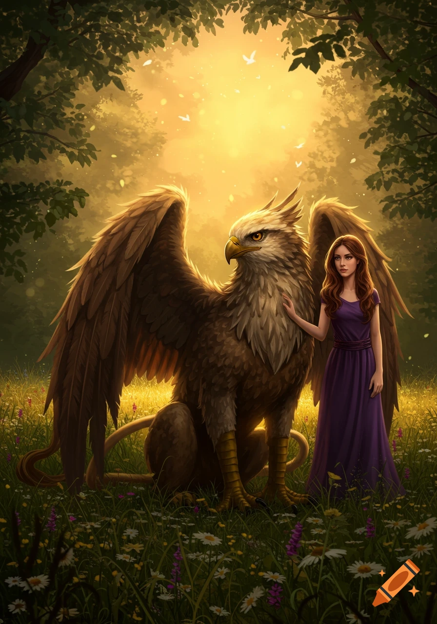 A woman in a purple dress stands next to a large griffin in a sunlit, flowery forest. Digital painting.