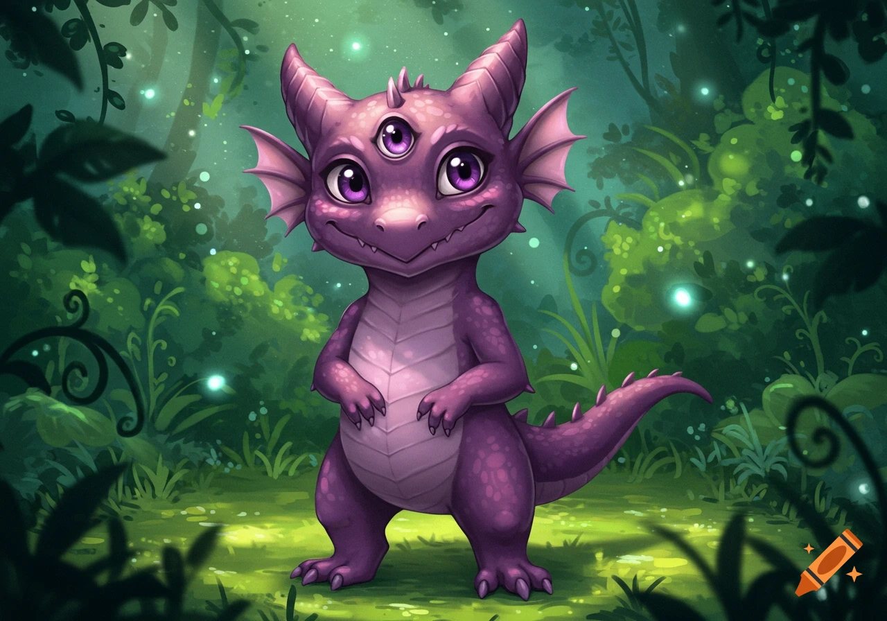 A cute purple three-eyed kobold stands in a lush green fantasy forest with glowing fireflies in an illustrated style.
