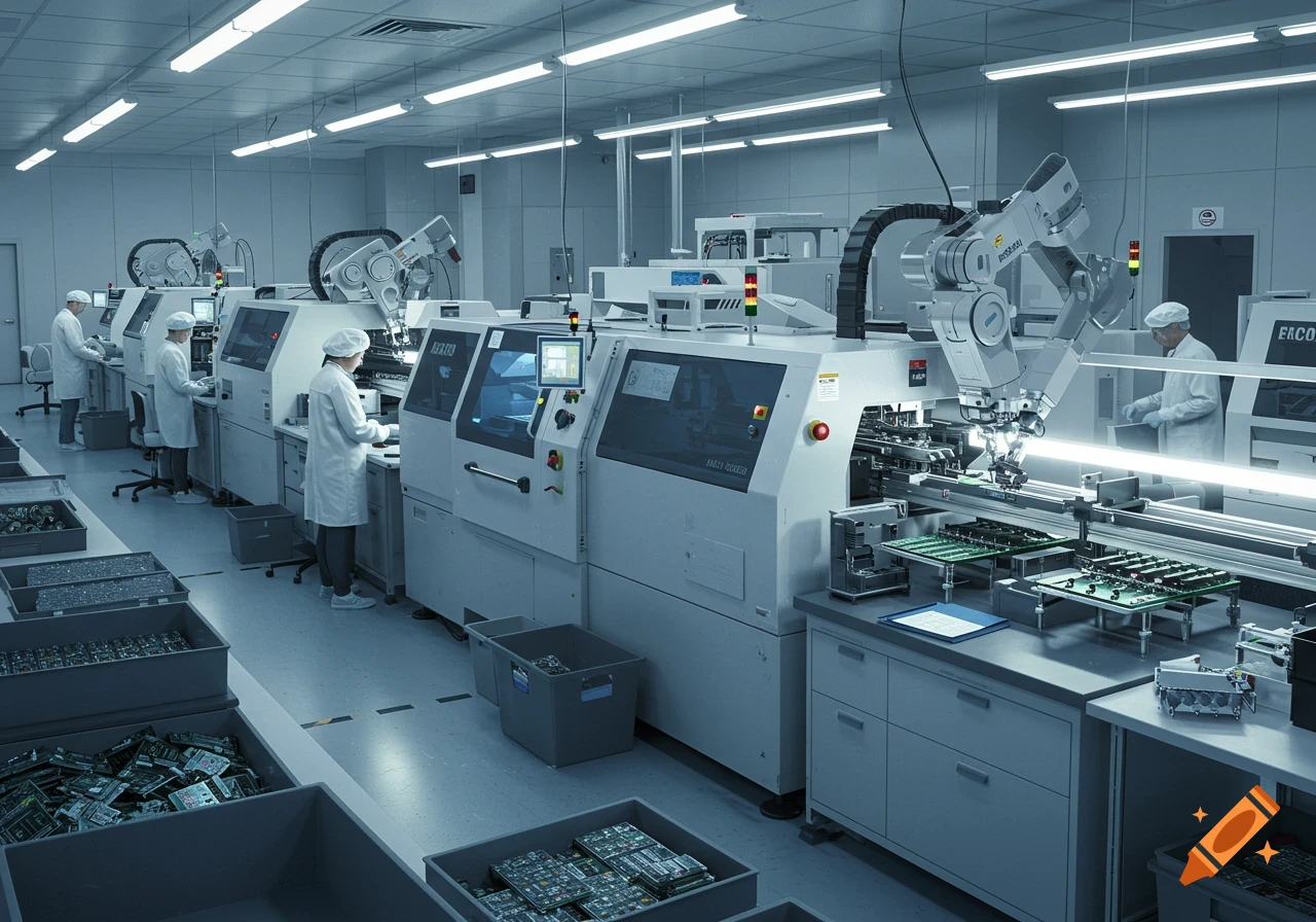 A clean room factory with workers in white lab coats operating automated machinery for surface mount assembly of circuit boards.