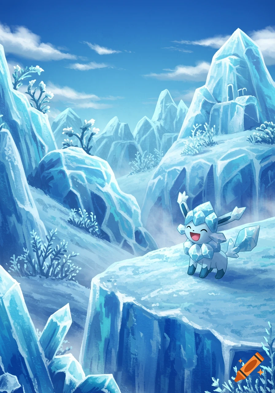 A cute, ice-covered creature stands on an icy ledge in a vast, blue ice mountain landscape, depicted in an anime style.