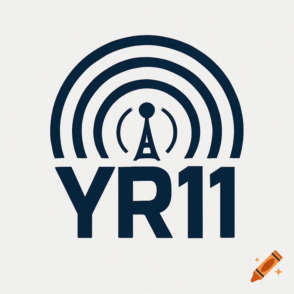 Dark blue logo for radio station YR11 featuring a stylized radio tower emitting waves.