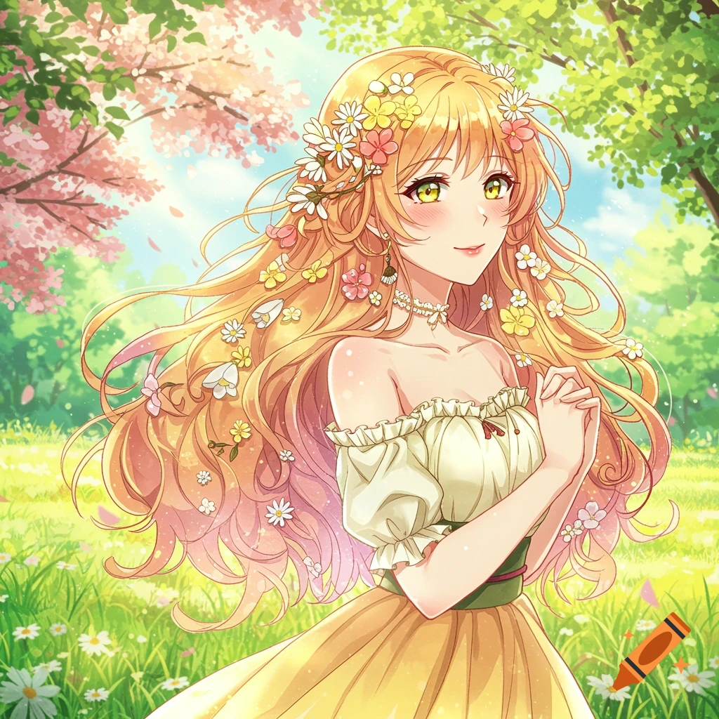 An anime woman with long blonde hair adorned with flowers, wearing a light-colored dress, standing in a sunny spring meadow.