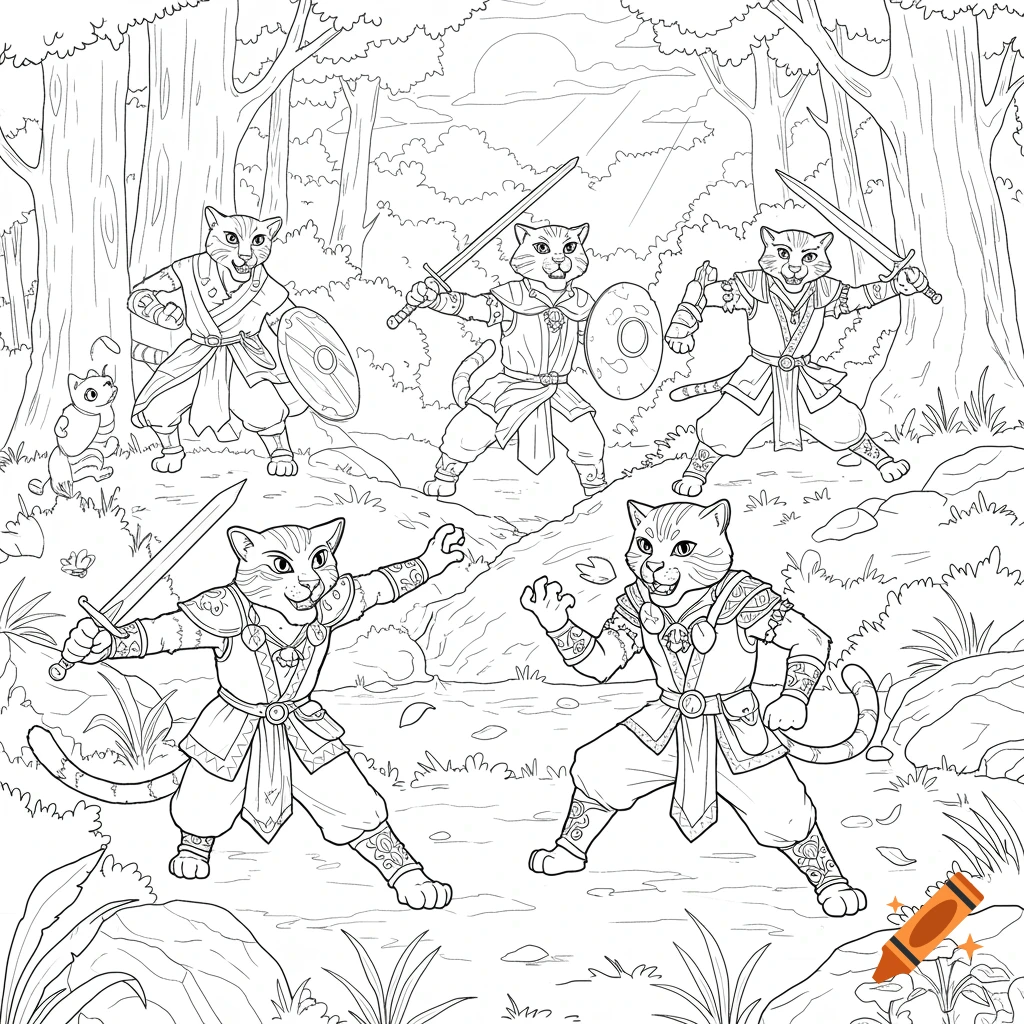 Black and white line art of anthropomorphic warrior cats with swords and shields in a forest, for a coloring book.