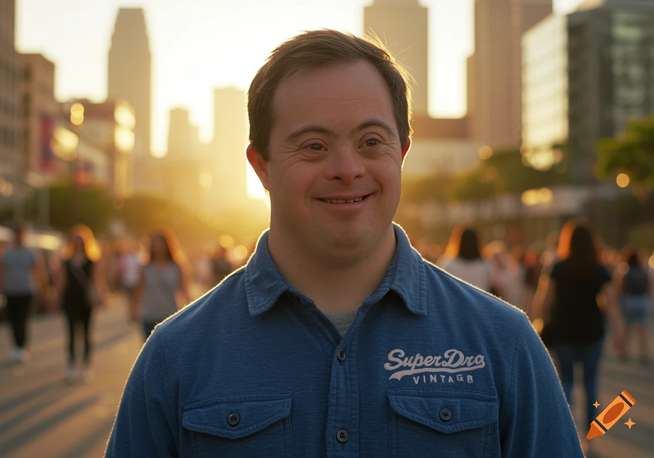 A smiling man with Down syndrome wearing a blue shirt with text on an urban street at sunset.