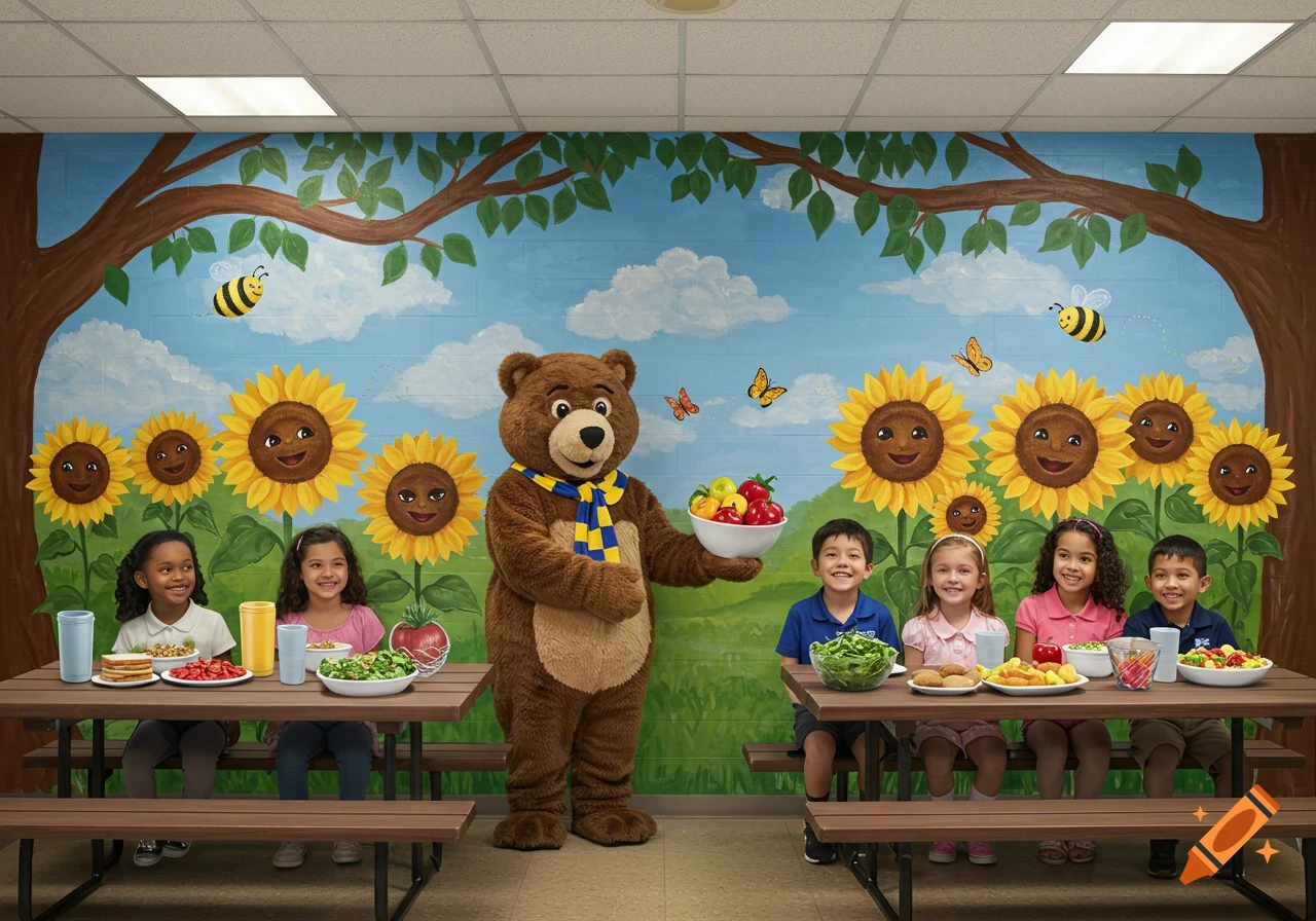 Children and a bear mascot in a school cafeteria with a mural depicting trees, smiling sunflowers, bees, and butterflies.