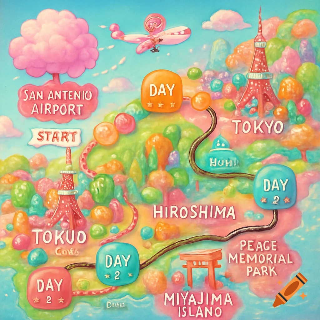 A whimsical, candy-themed map of a trip to Japan starting from San Antonio Airport, showing various locations like Tokyo and Hiroshima with colorful stepping stones and an airplane.