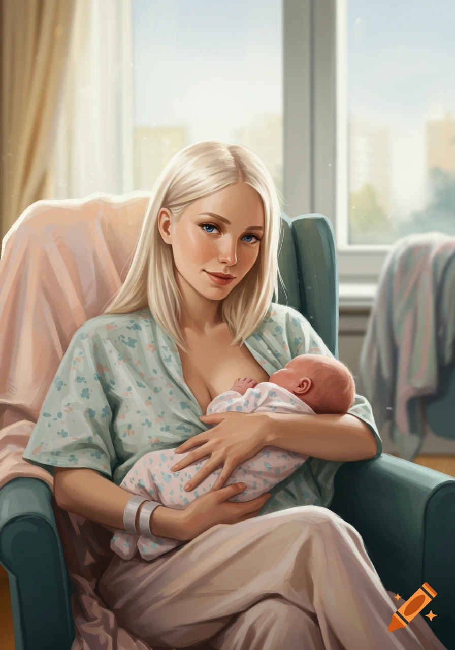 A blonde woman in a hospital gown sits in a chair, breastfeeding her newborn baby.