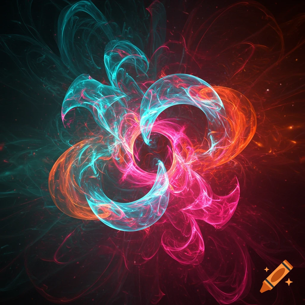 Abstract fractal art with glowing teal, orange, and pink swirling light trails on a dark background.