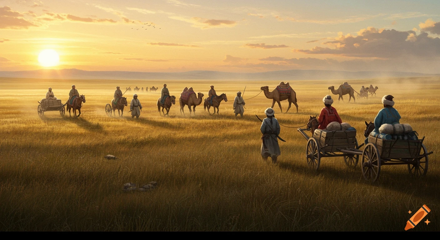 A vast golden steppe at sunset, with a caravan of steppe nomads, horses, camels, and two-wheel carriages traveling across it.