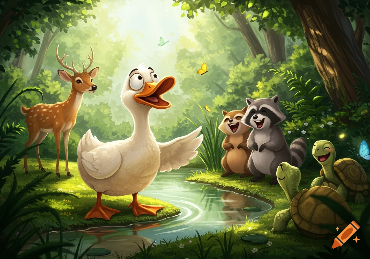 A cheerful cartoon duck stands by a pond in a lush forest with smiling raccoons, turtles, and a deer. Butterflies fly above.
