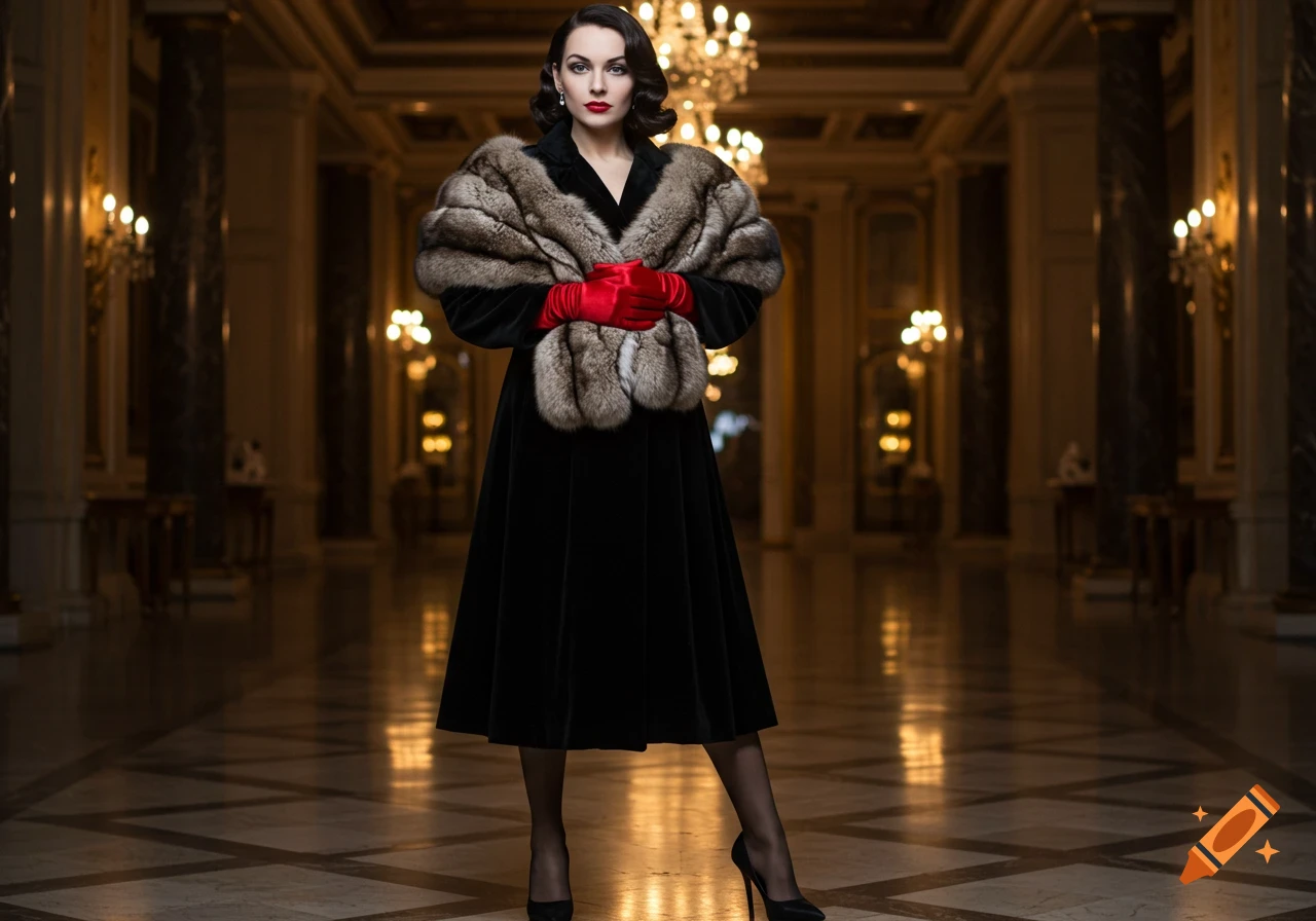 A glamorous woman in a black velvet coat, red gloves, and a fur stole stands in an elegant, richly decorated hall. Photorealistic.