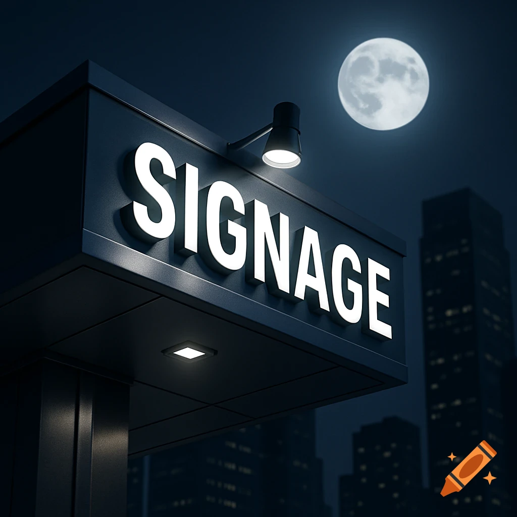 A close-up, photorealistic view of a building sign reading "SIGNAGE" illuminated by a spotlight against a dark night sky with a full moon.