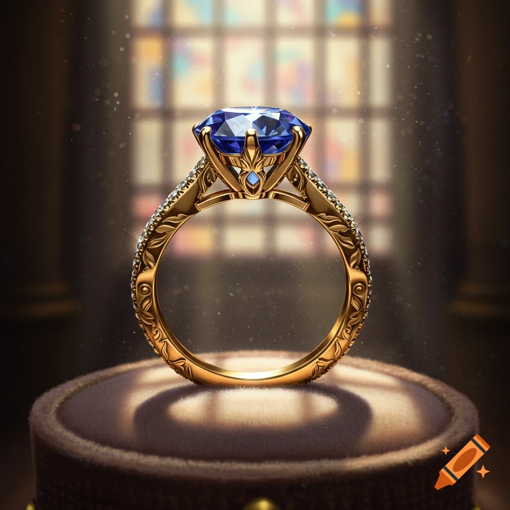 A photorealistic gold ring with a large blue sapphire on a velvet stand, intricate details on the band, blurred stained-glass background.