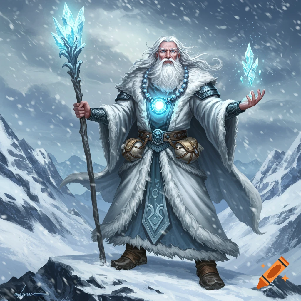 Digital fantasy illustration of a powerful Arch-Wizard of Ice on a snowy mountain, holding a staff and levitating an ice shard.