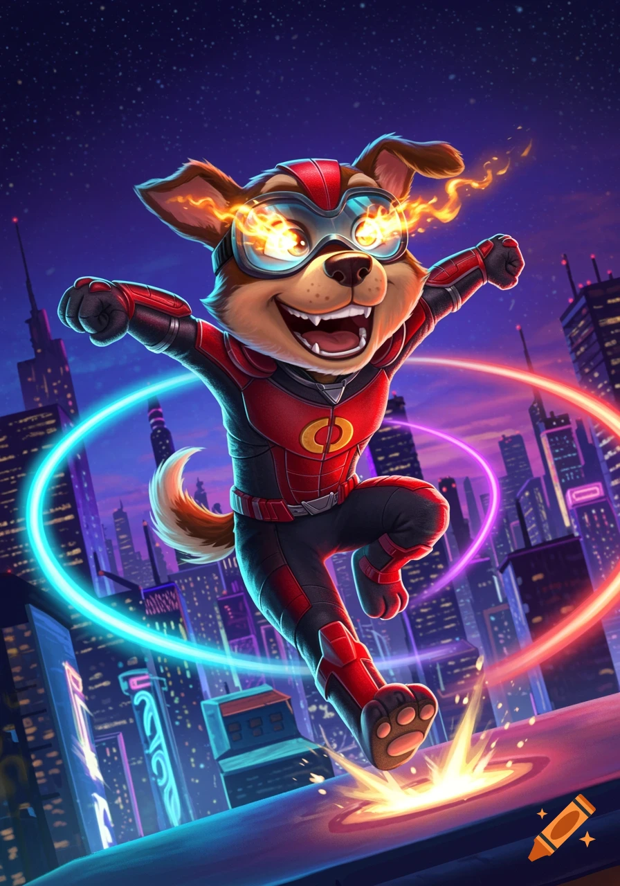 Cartoon superhero dog in red and black suit with goggles and fiery eyes leaping above a vibrant neon city at night.