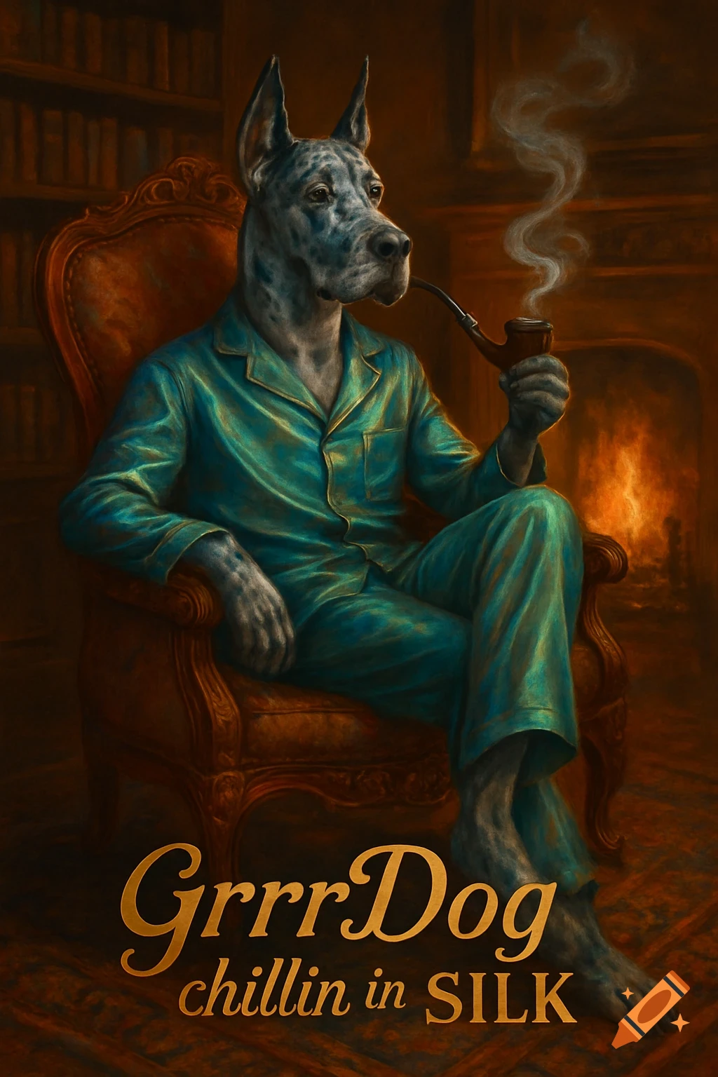 A stylized painting of an anthropomorphic Great Dane wearing teal silk pajamas, sitting in an armchair, smoking a pipe by a fireplace with books in the background. Text reads "GrrrDog chillin in SILK".