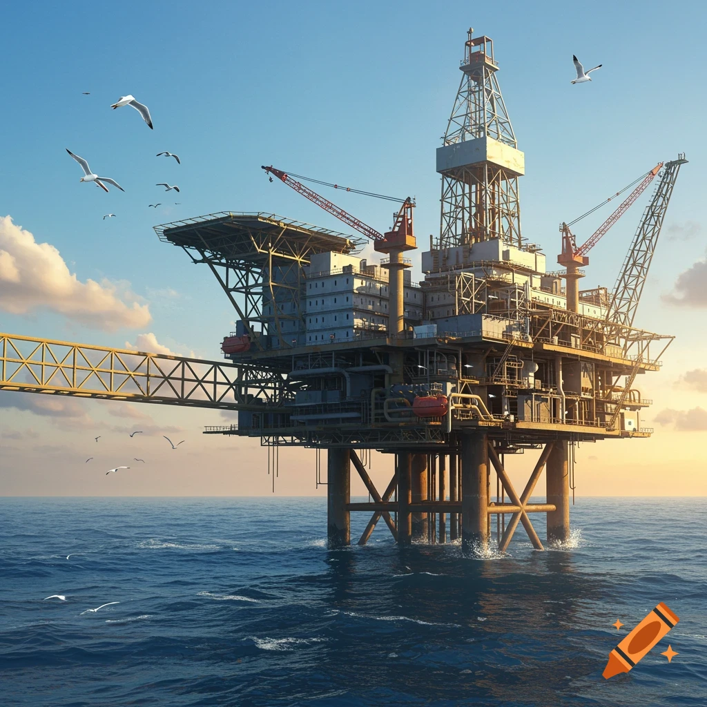A photorealistic oil rig stands in the ocean under a blue sky with scattered clouds and flying seagulls.