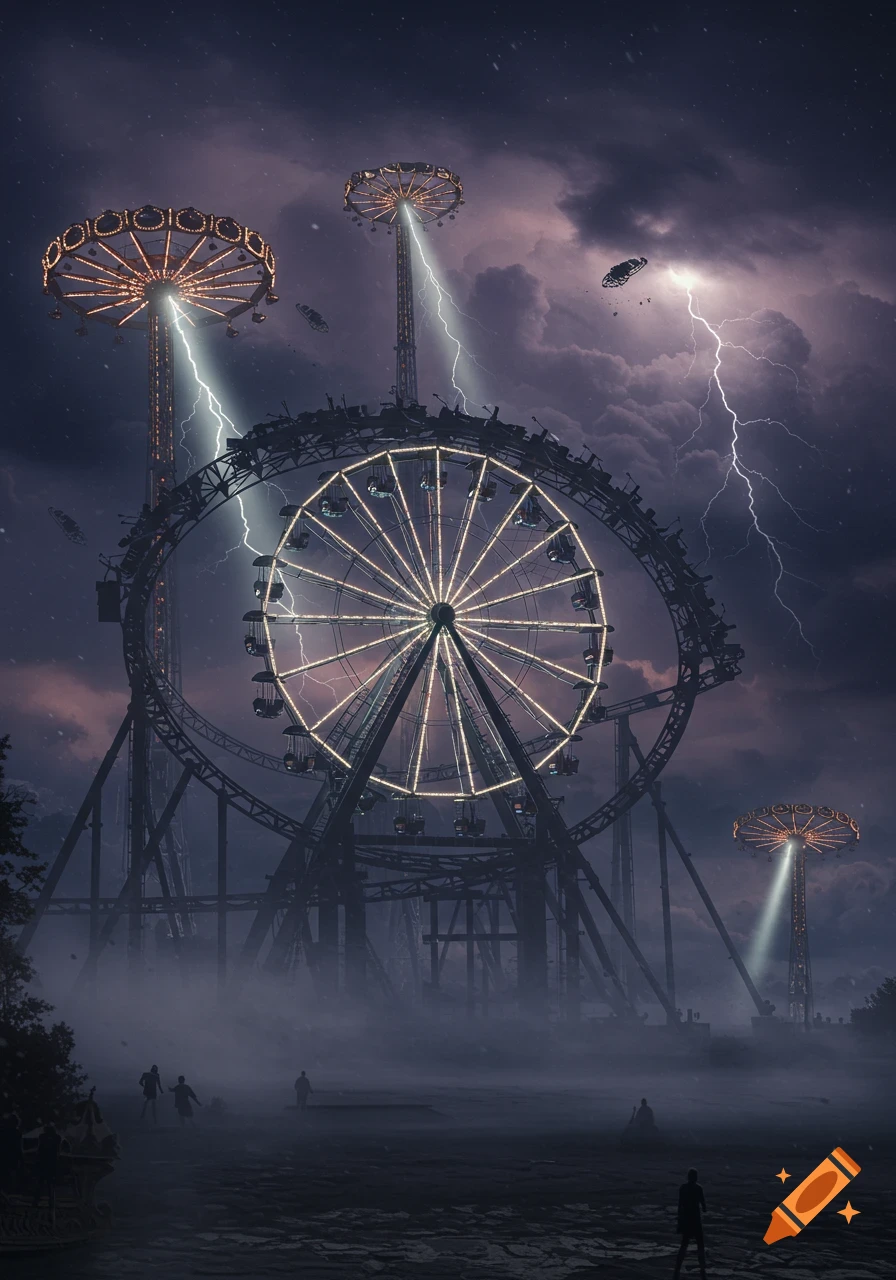 A dreamlike, spooky amusement park at night with an illuminated ferris wheel, swing rides, and lightning.