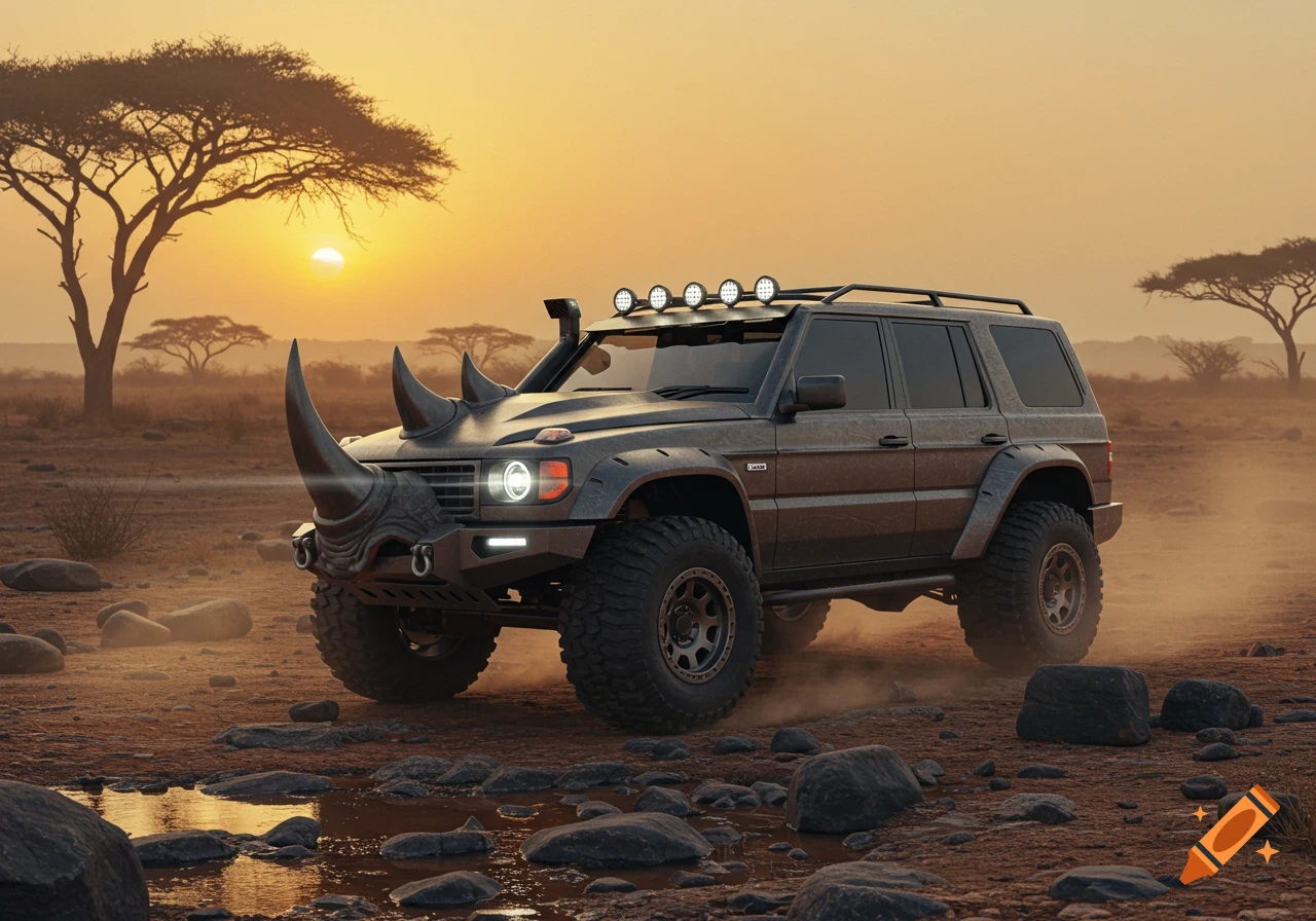 A photorealistic custom off-road vehicle with rhino horns driving through a dusty, rocky savanna at sunset.