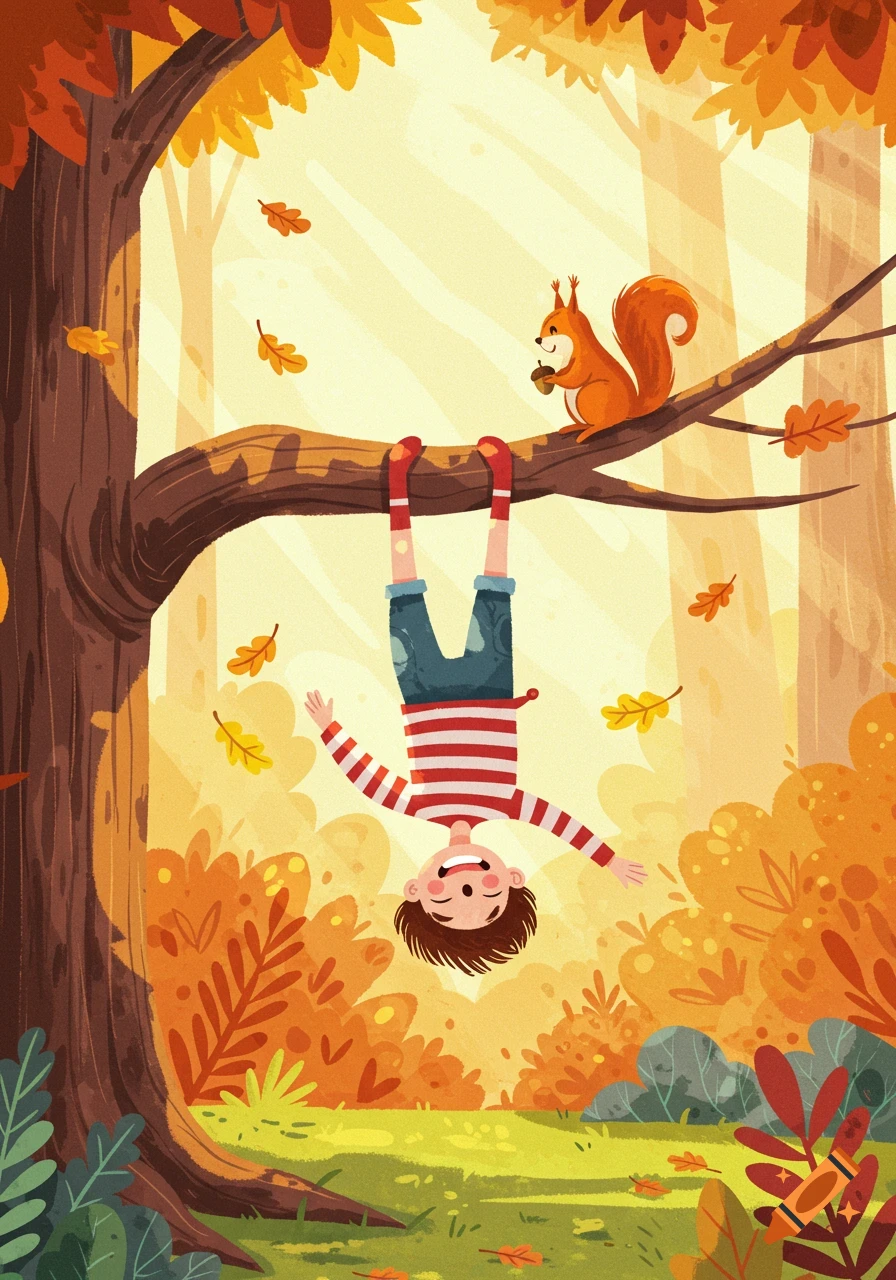 A boy hangs upside down from a tree branch in a colorful autumn forest, while a squirrel watches nearby in a cartoon style.