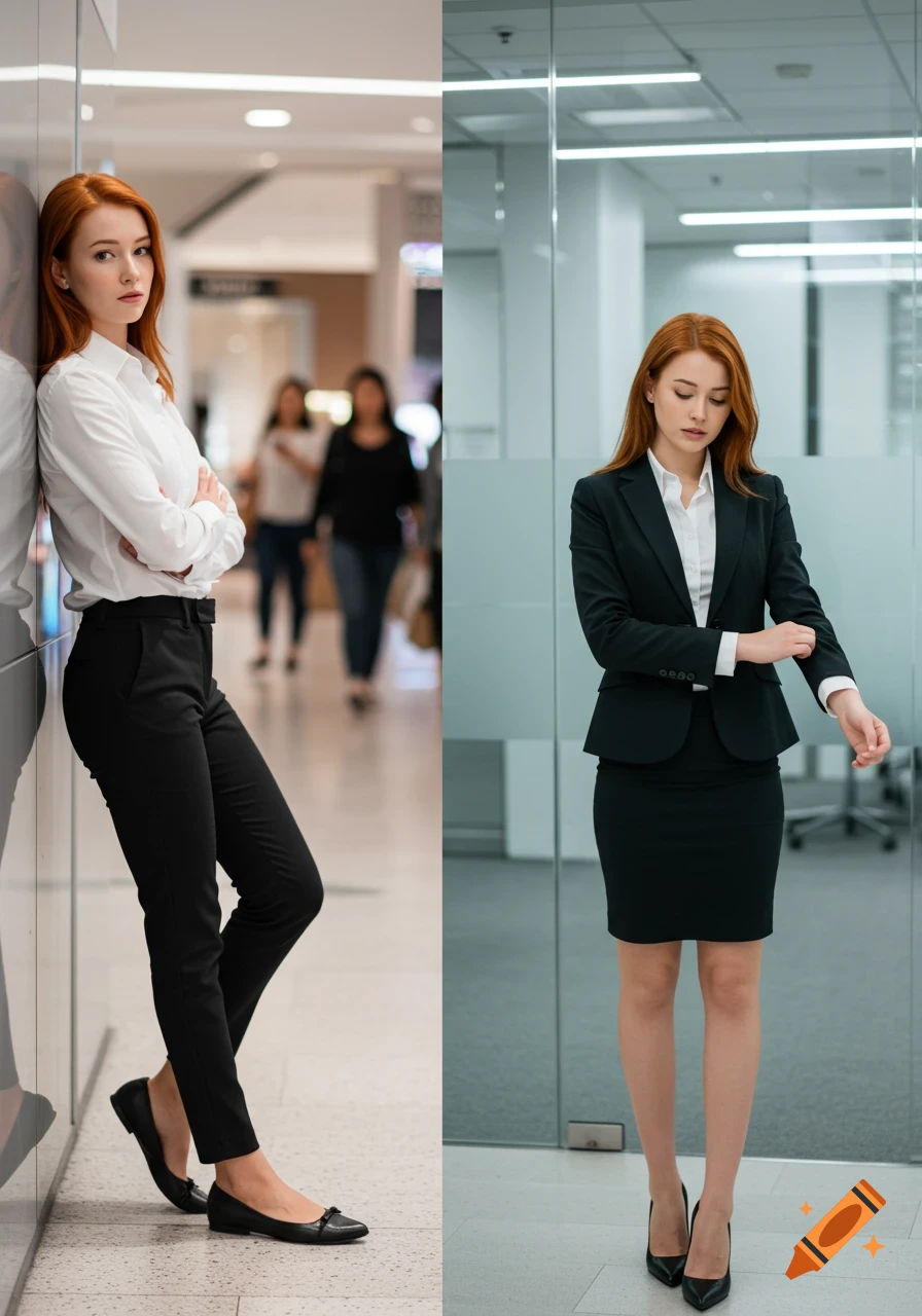 Photorealistic split image of a red-haired woman: left, in white shirt and black pants in a mall; right, in a black suit in an office.