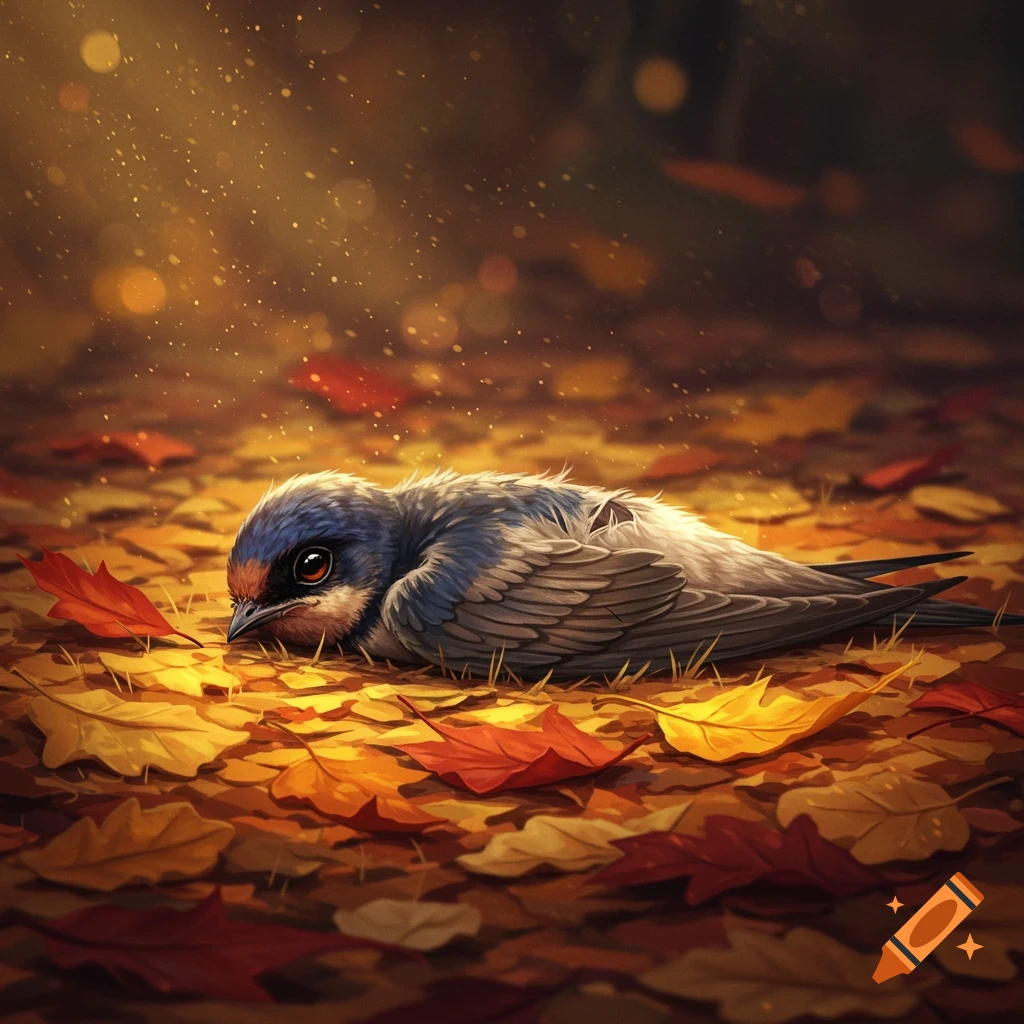 An injured swallow with blue and grey feathers lies on a bed of autumn leaves bathed in warm, glowing light, digital art style.
