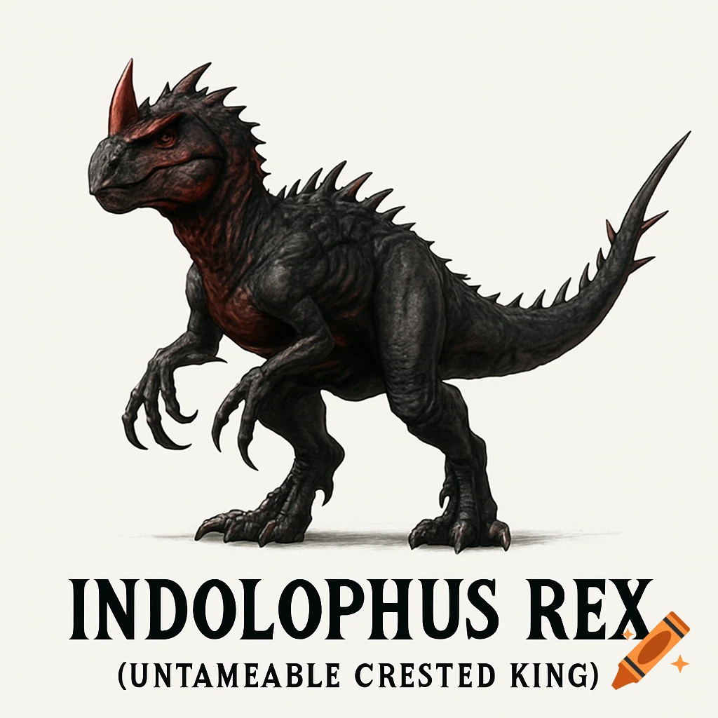 A dark gray and red dinosaur with a red horn, spikes, and sharp claws stands on a white background with the text 'INDOLOPHUS REX (UNTAMEABLE CRESTED KING)' below.