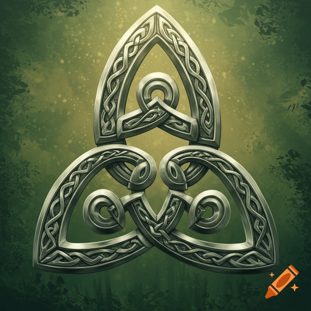 A metallic Celtic knot symbol with intricate interwoven patterns on a textured green background.