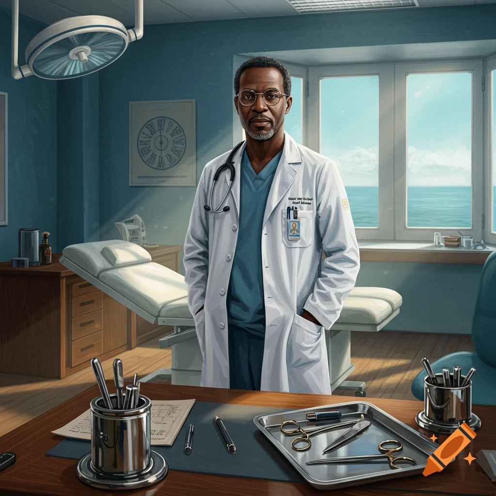 A distinguished male doctor stands in a medical examination room, wearing a white lab coat and stethoscope.