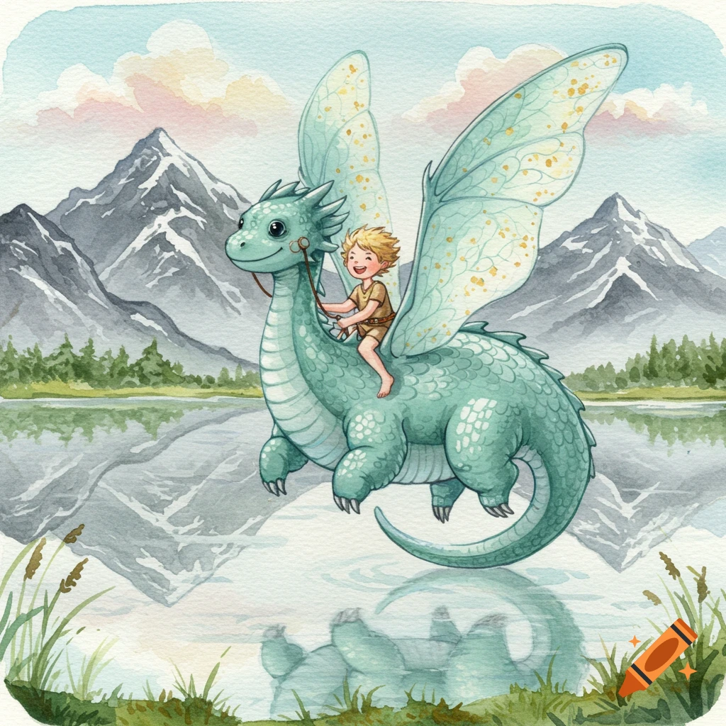 A watercolor illustration of a smiling boy riding a cute, light-green dragon with large wings over a calm lake, with mountains and trees in the background.