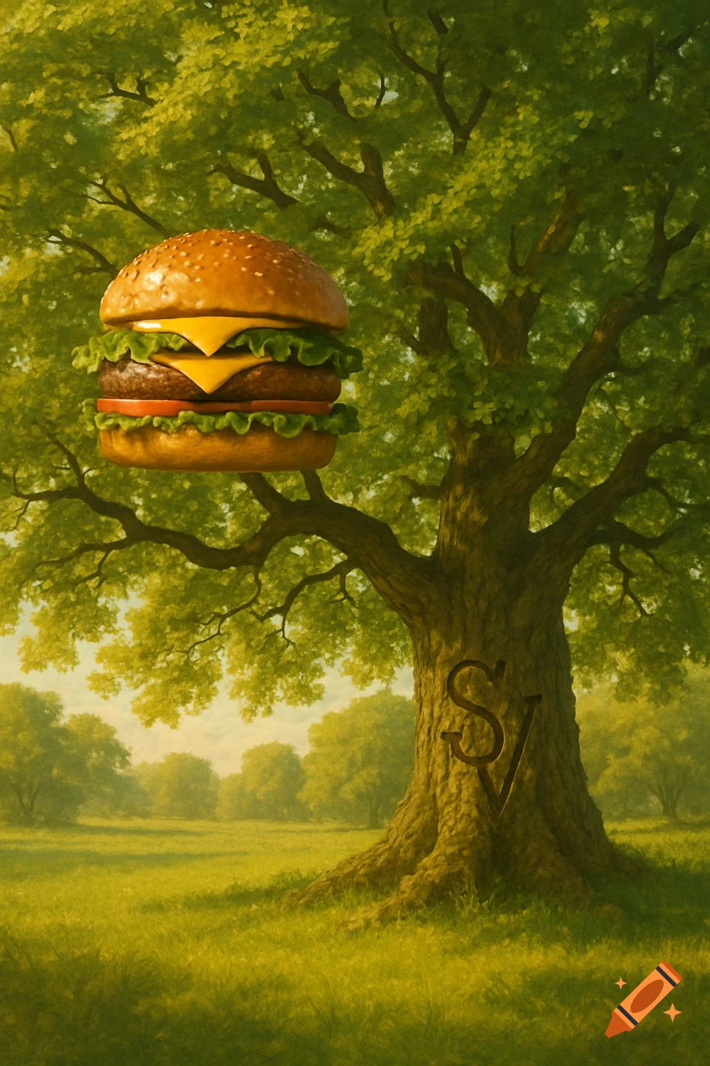 A large hamburger floats near a green tree with 'SV' carved into its trunk in a lush meadow.