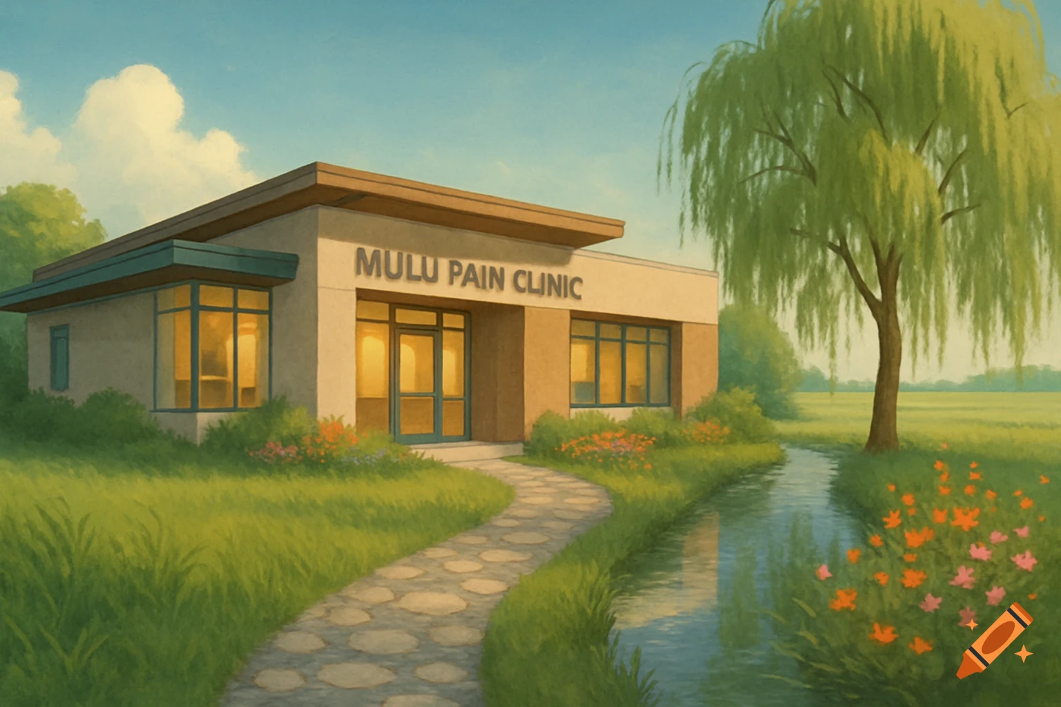 A watercolor painting of the Mulu Pain Clinic building with a stone path, a stream, and a willow tree in a green landscape under a blue sky.