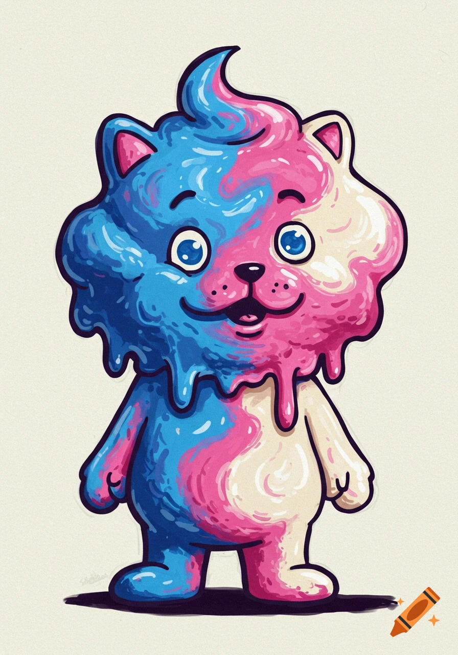 A cartoon character with a cat-like head made of melting blue, pink, and white swirled cotton candy or ice cream.