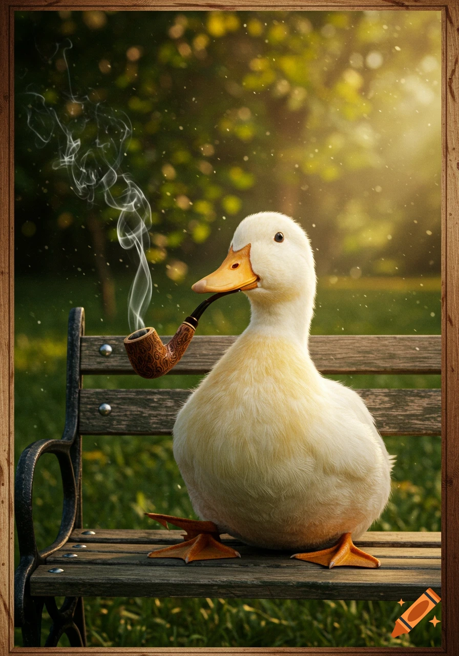 A white duck with a yellow beak sits on a wooden park bench, holding a lit wooden pipe, with smoke curling upwards. The background is a sunny, blurry green park.