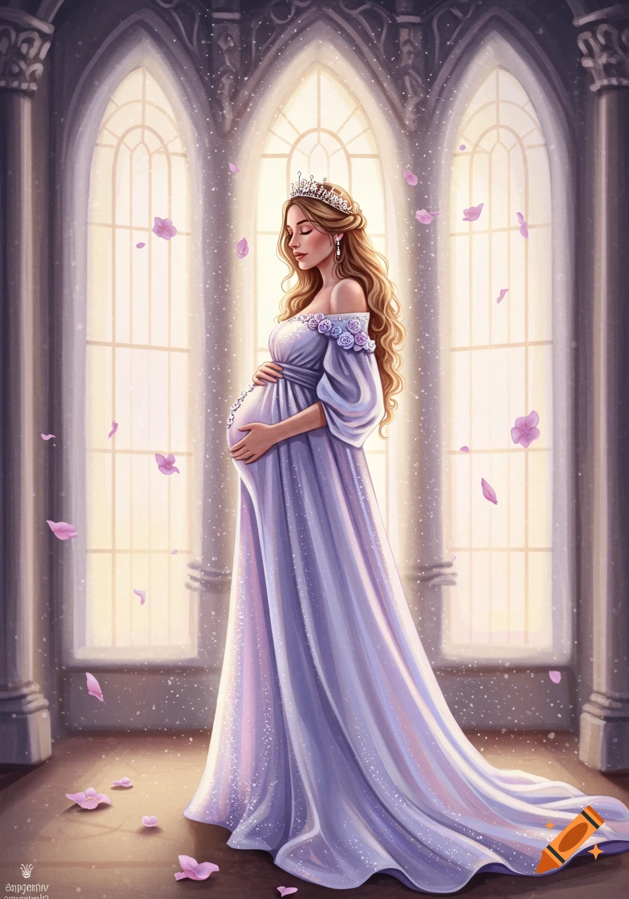 Elegant pregnant queen in a lavender gown and crown, standing in a grand hall with arched windows as petals fall.