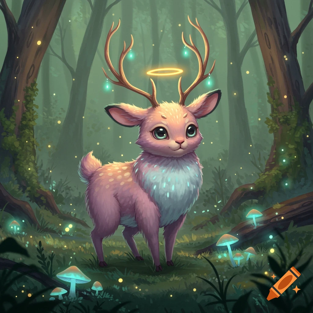 A cute, pink, fantasy deer with glowing antlers and a halo stands in an enchanted forest filled with glowing mushrooms.
