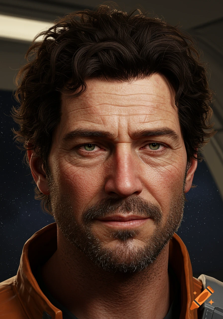 Close-up photorealistic portrait of a rugged, weary male spaceship pilot with curly dark hair and green eyes.