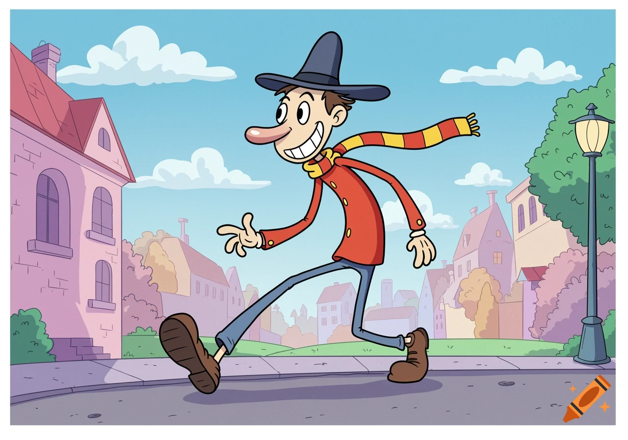 A happy cartoon man with a long nose, wearing a hat and striped scarf, strides down a street with buildings and trees.