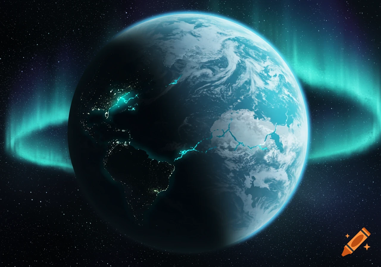 A planet with icy continents, city lights on the dark side, and a teal aurora against a starfield.