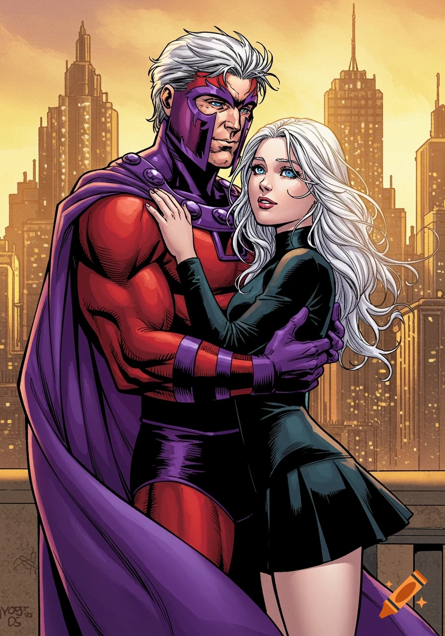Marvel's Magneto, without helmet, embraces a white-haired woman against a sunset city skyline in a comic style.