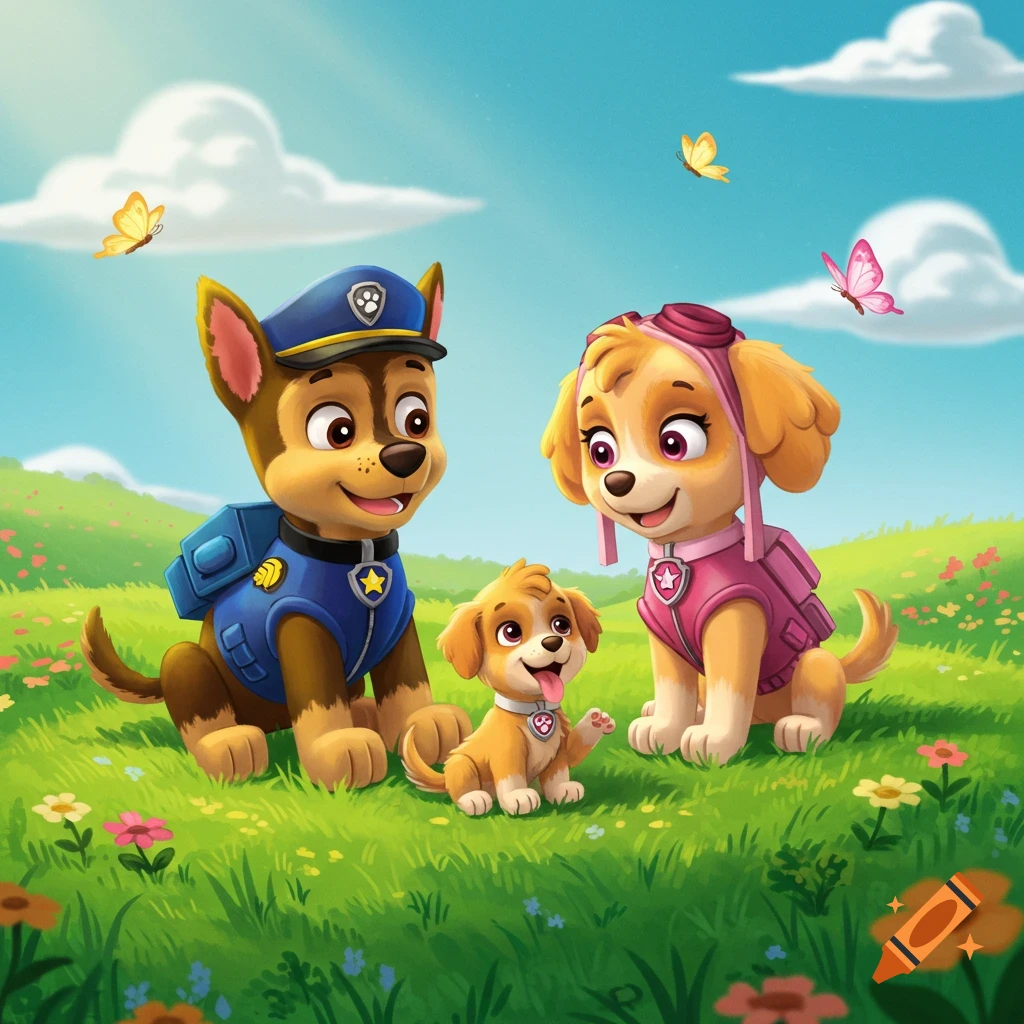 A cartoon image of Chase and Skye from Paw Patrol sitting in a grassy field with a small puppy.