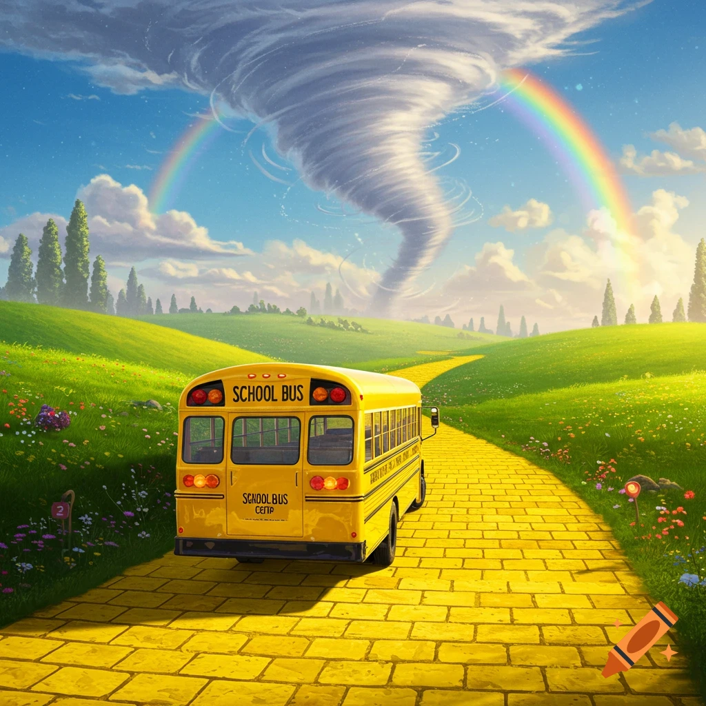 A yellow school bus drives on a yellow brick road through a green landscape with a rainbow and a large tornado in the sky.