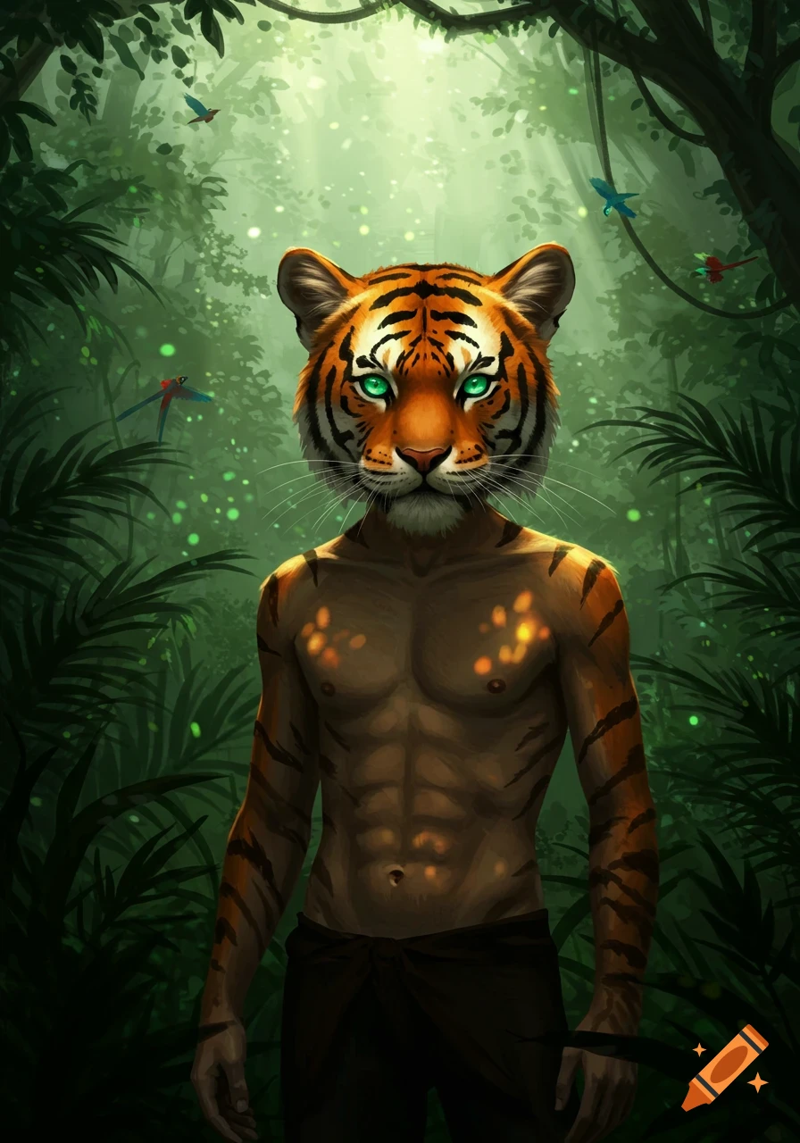 An anthropomorphic tiger character with bright green eyes and a muscular body stands in a lush, luminous jungle.