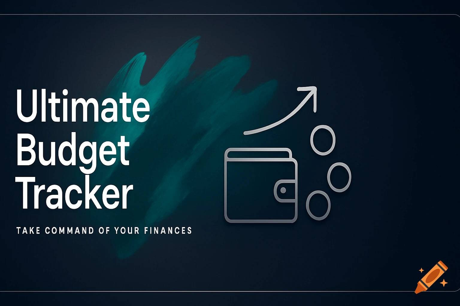"Ultimate Budget Tracker" text with a wallet icon, upward arrow, and coins on a dark background with a teal accent.