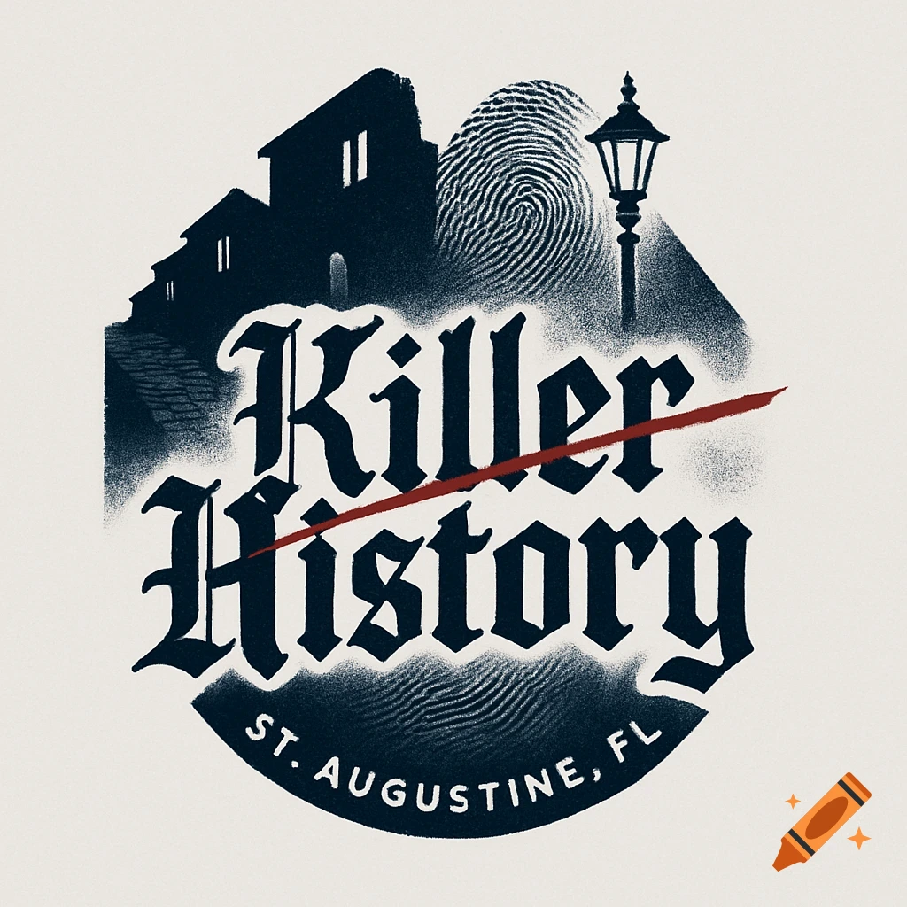 Stylized dark blue and white logo with gothic text 'Killer History' (History crossed out with red line), silhouetted buildings, lamppost, and a fingerprint, with 'ST. AUGUSTINE, FL' below.