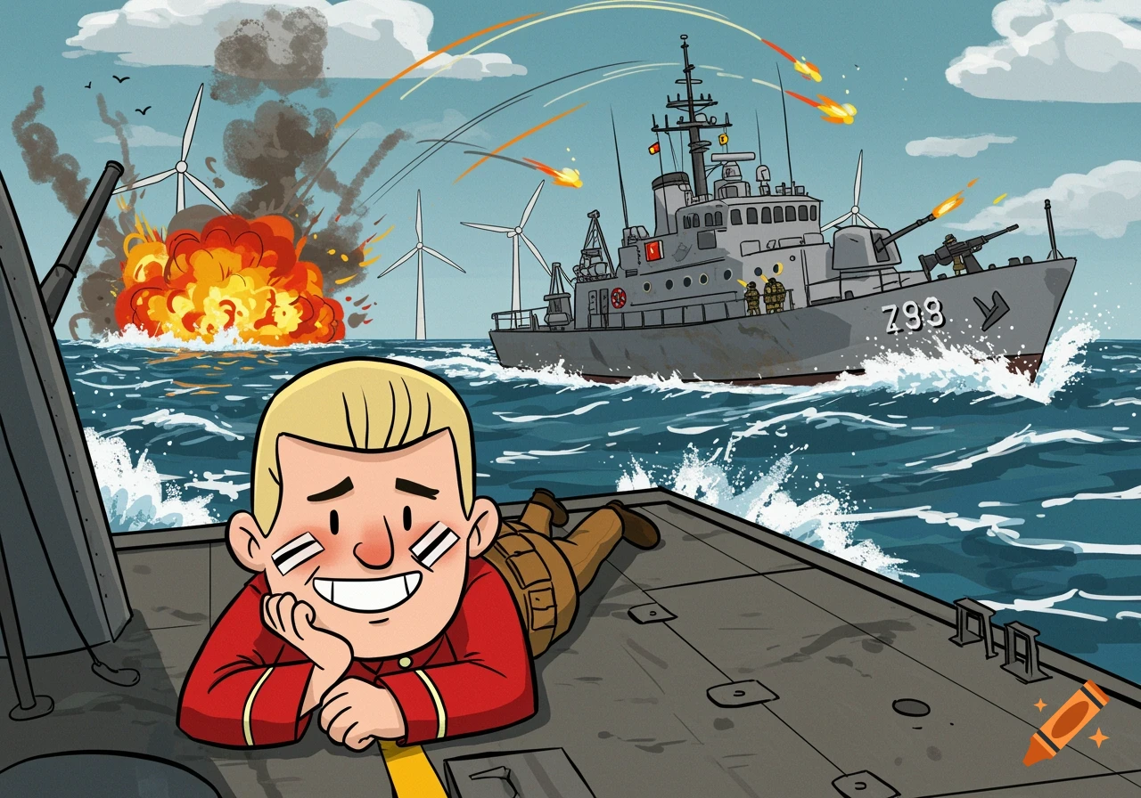 A smiling blonde cartoon marine with war paint on cheeks lies on a vessel, observing a warship attacking with explosions and gunfire near wind turbines at sea.